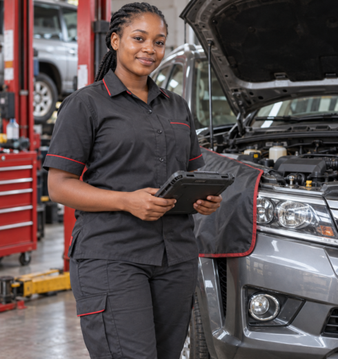 Kampala technician with open-bonnet SUV