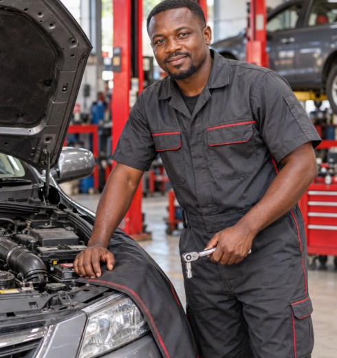 Ugandan mechanic beside open engine bay